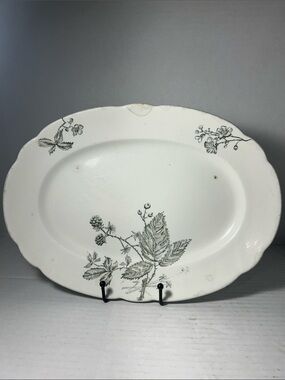White Oval Ceramic Serving Platter with Botanical Gray Floral Motif